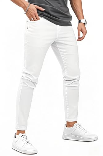 GINGTTO Jeans Homme Slim Fit Super Serré Elastique Pantalon Skinny Stretch Denim Blanc 30W