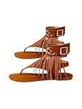 OYOANGLE Women's Boho Fringe Ankle Strap Thong Sandal Open Toe Western Flat Sandals Summer Casual Flats Dark Brown 8