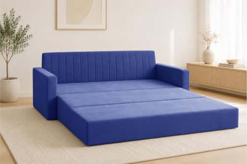 Image of Los Angeles Modern Velvet 3-Seater Sofa Cum Bed with Armrest, Multipurpose Convertible Sleeper Couch Sofa for Living Room, Bedroom & Office- Blue Color