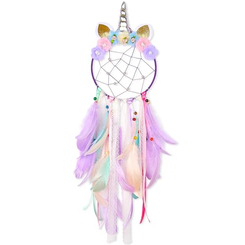 MHJY Unicorn Dream Catcher Girls Large Dreamcatcher Kids Bedroom Accessories Handmade Colorful Featrher Flowers Wall Hanging Decoration Nursery Blessing Birthday Gift