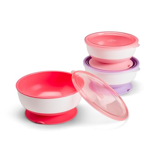 Image of Munchkin Stay Put Munchkin Suction Baby Bowls with Lids - Dishes for Babies and Toddlers, Self-Feeding Bowl Set for Kids 6+ Months, 3 Pack, Pink /Purple