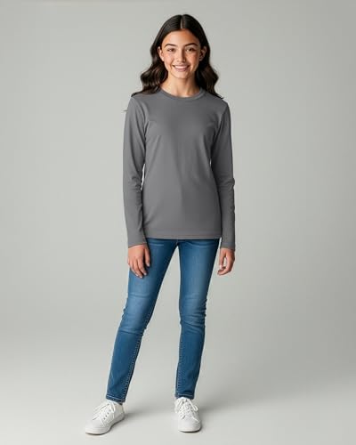 Image of Real Essentials 4 Pack: Girls' Cotton Long Sleeve Crew Neck T-Shirt - Athletic Tee Shirt for Teens Kids Youth (Ages 4-16)