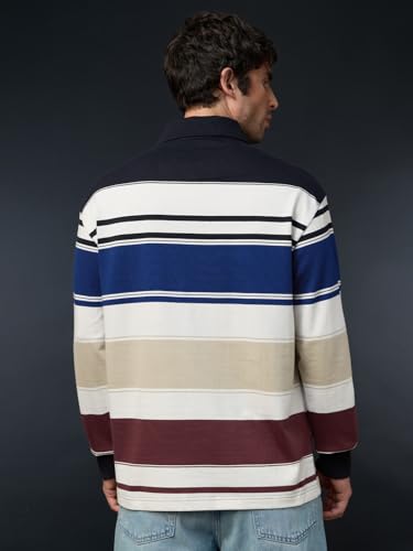 Image of The Souled Store Oversized Rugby Polo: Men and Boys Long Sleeve Spread Collar Striped Cotton Oversized Fit Breathable Everyday Lightweight All-Season Polos