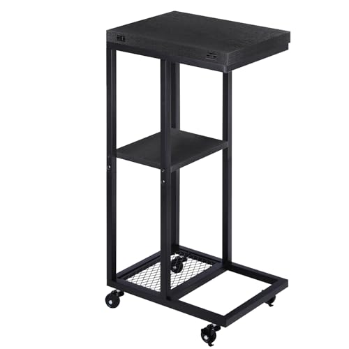 Nandae C Shaped Side Table, Foldable Desktop Snack Table Rustic End Table with Rolling Wheels Metal Frame for Laptop, Snack, Sofa Couch, Bed, Living Room, Black