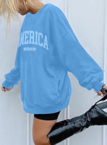 Supeya American Oversized Sweatshirt Women Usa Shirt Patriotic Tshirt Casual Long Sleeve Pullover 4Th Of July Tee Tops Blue thumb #2