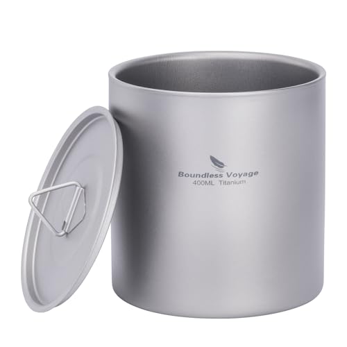 Boundless Voyage Titanium Double Walled Cups Ultralight Stackable Storage Metal Tea Coffee Drinking Mug Durable Portable Cup for Outdoor Camping Daily Use (400ml)