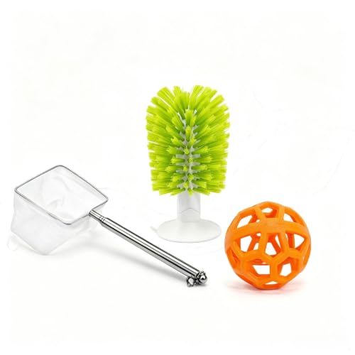 ROVENTRA 3 Pcs Turtle Tank Accessories Kit, Turtle Brush with Suction Cup, Treat Feeder Ball & Telescopic Fish Net for Aquatic Turtles