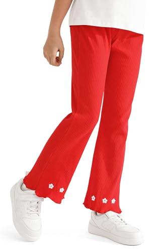 Girl's Fall Knitted Ribbed Bell Bottoms Pants Ruffle Flare Pants Floral Embroidery Trousers for Children's2