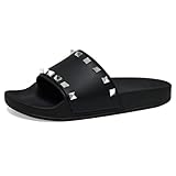 SICARE Women's Studded Flat Slippers Slip On Summer Indoor and Outdoor Slide Sandals Beach Rain Shoes, Black, Size 8