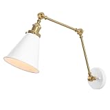 JONATHAN Y 7" White/Brass Gold Classic Industrial Metal Adjustable Arm LED Wall Sconce for Bedside Reading, Farmhouse Swing Arm Wall Lamp with Metal Shade, Hardwired (JYL7462B)