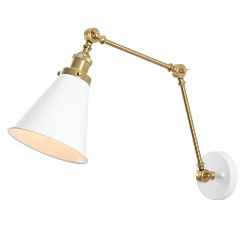 JONATHAN Y 7" White/Brass Gold Classic Industrial Metal Adjustable Arm LED Wall Sconce for Bedside Reading, Farmhouse Swing Arm Wall Lamp with Metal Shade, Hardwired (JYL7462B)