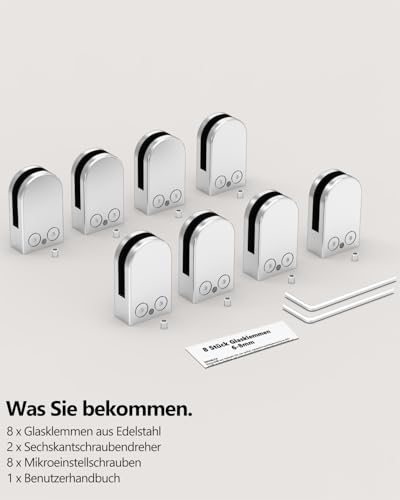 ROFMAPLE Glasklemmen, 8 Stück, Edelstahl, 304 Glasklemmen, verstellbar, 6-8 mm, Glashalterung, flache Rückseite für Balustrade, Treppenhaus-Handlauf