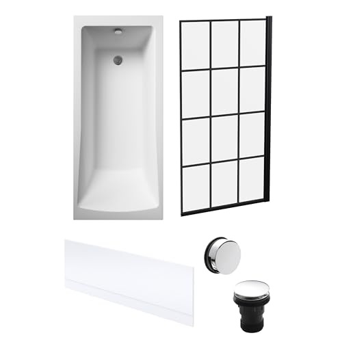 Balterley 1700 x 700mm Square Shower Bath with Leg Set, Black Square Framed Shower Screen, Chrome Waste, & Front Bath Panel, Straight Single Ended Gloss White Soaking Bathtubs