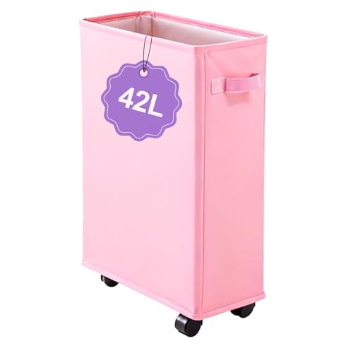 Image of 42L Slim Laundry Basket with Wheels, Rolling Laundry Hamper for Small Spaces, Collapsible 600D Oxford Dirty Clothes Basket with Brake & Handle, Narrow Laundry Basket for Dorm, Bathroom, Pink