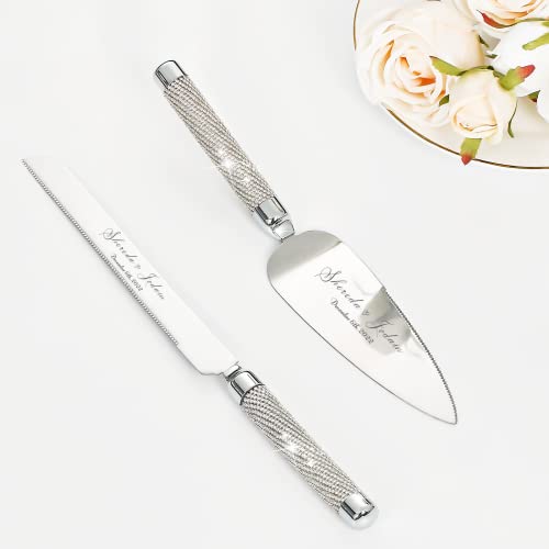 Wedding Cake Knife and Server Set, Personalized Cake Cutting Set, Engraved Elegant Cake Cutters With Sparkling Diamonds, Custom Pie Spatula and Cake Knife, Birthday Bridal Quinceañera Gift (Silver 3)