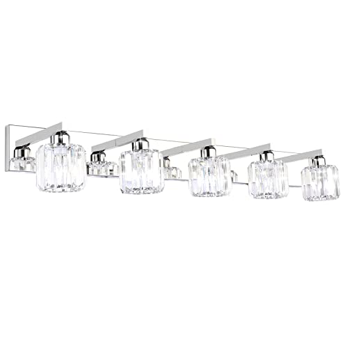 Image of Aipsun Crystal Bathroom Vanity Light Stainless Steel Modern Vanity Light 5 Lights Crystal Bathroom Vanity Light Fixtures (Exclude Bulb)