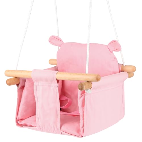 WODFARR Balancoire Bebe, Balançoire Siège en Tissu avec Cadre en Bois, Coussin Doux Hauteur Ajustable pour Intérieur et Extérieur pour Bebe et Enfants 29x29x33 cm (Rose)