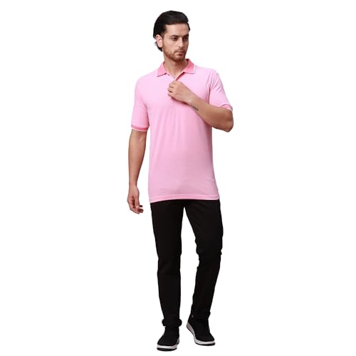 Image of Park Avenue Men's Cotton Polyester Blend Stripe Pattern Slim Fit Rib Collar Polo Neck Half Sleeve Casual T-Shirt