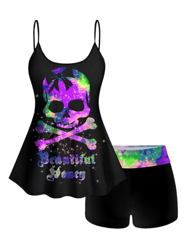 ROSE GAL Rosegal Plus Size Women Gothic Tummy Control Tankini Swimsuit Skull Glitter Print Boyleg Padded Tankini Swimwear