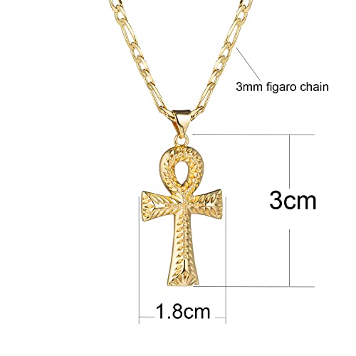 kelistom 14K Gold Silver Tone Stainless Steel Ankh Cross Pendant Necklace for Women Men 3mm Flat Figaro Chain Egyptian Cross Necklace 18/22 inches2