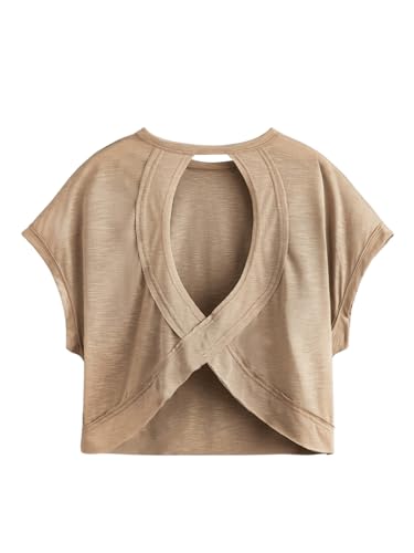 Image of SOLY HUX Women Open Back Tops Workout Backless Tee Casual Athletic Shirts Short Sleeve Oversized Gym T Shirt