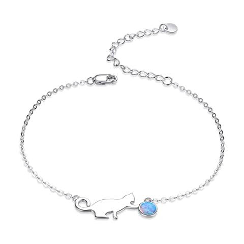 BISAER Cute Paw Cat Kitty Opal Bracelet 925 Sterling Silver Luck Bracelet Flying Butterfly Charm Bracelet with Adjustable, Cubic Zirconia Cover