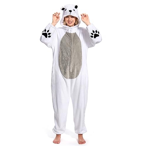 OLAOLA Onesie für Erwachsene Eisbär Tierkostüm Jumpsuit Damen Herren Kuschelig Einteiler Schlafanzug Unisex Onesies Karneval Weihnachten Halloween Cosplay Pyjamas