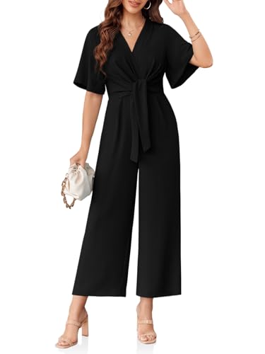 Cicy Bell Women's Elegant V Neck Jumpsuits Dressy Casual Short Sleeve Wide Leg Long Pants Rompers3