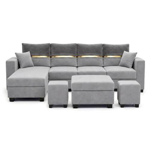 Image of Furny Arvea 8 Seater Fabric LHS L Shape Sofa Set with 1 Centre Table & 2 Puffy (Light Grey-Dark Grey) | Soft Velvet Fabric | Modern Design | Comfortable Seating | Living Room Furniture