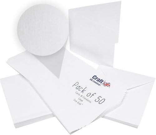 Image of Craft UK W103 6 x 6 Inch Linen Card and Envelope Pack of 50 - White