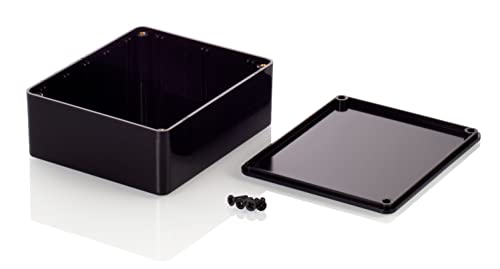 HeiGroup - MB3 ABS Kunststoffgehäuse mit Deckel, Mehrzweckgehäuse, Modulgehäuse, (LxBxH) 119 x 99 x 45 mm, mit Leiterplattenführung, Schwarz - Poliert