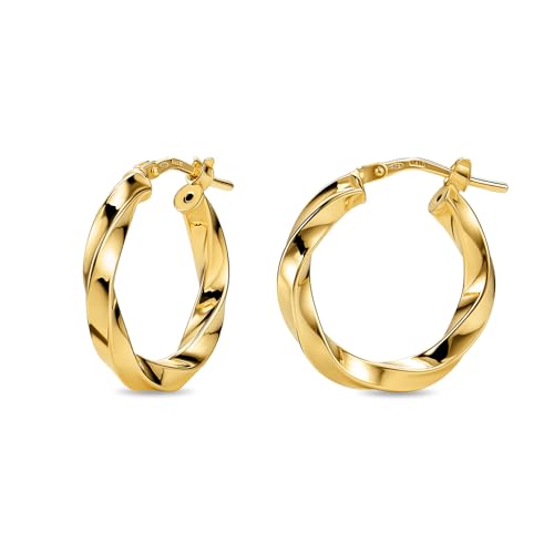 Miore Pendientes Mujer de Plata de Ley 925 Bañados en Oro de 18K 750, Aros de Oro Redondos con Tubos Torcidos de 15 mm, Hechos a Mano en Italia, Joyas Dorados con Joyero