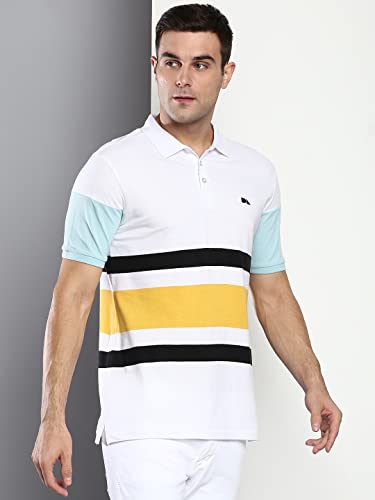 Image of Dennis Lingo Men's Casual Slim Fit Polo Neck T-Shirt, Half Sleeves Striped Pure Cotton Collar T-Shirt for Men