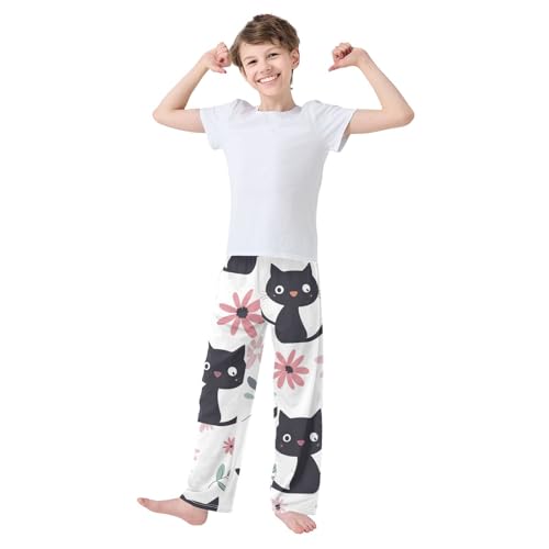 Cat Spring Flowers Boys Long Pants Soft Trousers Elastic Waist Kids Lounge Bottoms with Pockets S-XL2