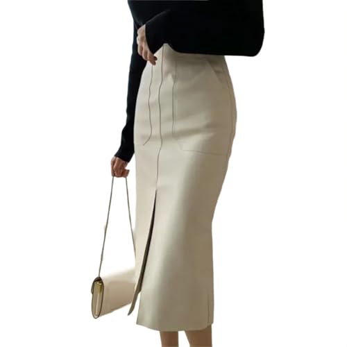 Womens High Waist Faux Leather Straight Skirt Vintage Casual Long Split Skirt with Pockets