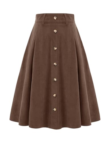 Rock Damen Winter midilang Cordrock A-Linie Vintage Rock Tellerrock Basic Casual Hohe Taille Winterrock Freizeitrock mit Taschen Brown L