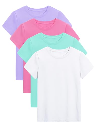 KEREDA 4 Pack Girls Short Sleeve Shirts Cotton T-Shirts Summer Basic Tees Tops Clothes for Kids Light Purple Green Bright Pink White 5-6 Years