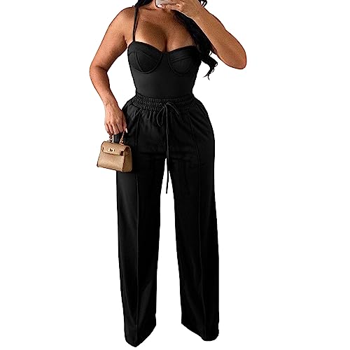 PINSV Women's Casual Wide Leg Pants High Waisted Drawstring Baggy Sweatpants Elastic Straight Leg Lounge Pants4