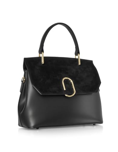 Thais Suede and Leather Satchel Bag, 11.8 x 9.1 x 4.3 inches, Goldtone Hardware2