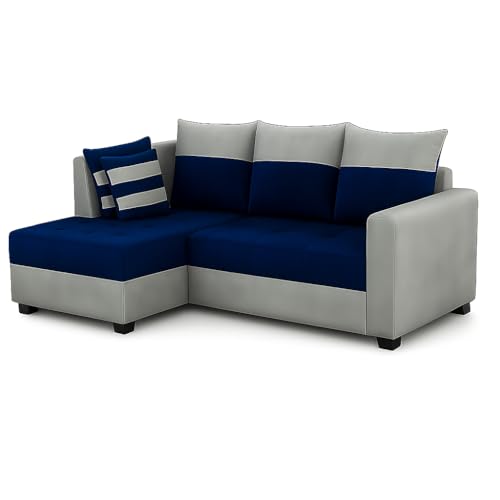 Image of FURNY Stylecon 4 Seater Fabric LHS L Shape Sofa Set (Blue-Light Grey) | Premium Velvet Finish | Ideal of Living Room