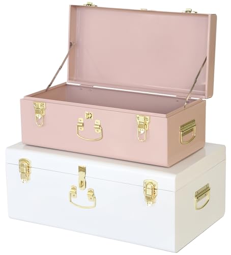 Image of Vixdonos Metal Trunk Decorative Storage Box Set of 2 College Dorm Chest with Handle (Pink and White)