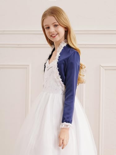 Girl's Satin Long Sleeve First Communion Flower Girl Bolero Shrug Jacket Open Front Cardigan Shawl Size 4-163