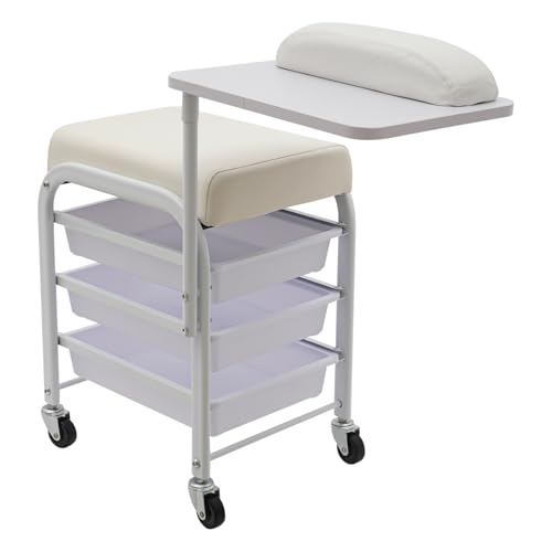 3 Drawers Beauty Salon Nail Cart, Foot Bath Spa Trolley Portable Esthetician Trolley Cart with Hand Rest and Seat Cushion, Pedicure Manicure Funiture Massage Table Salon Supplies Pedicure Chair