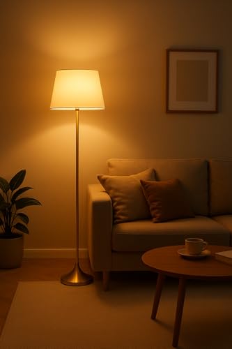 Image of Modern Metal Floor Lamp with Fabric Shade | Antique Brass Finish Standing Lamp | E27 LED Bulb Compatible | 52 Inch Tall Decorative Floor Light for Living Room, Bedroom & Office