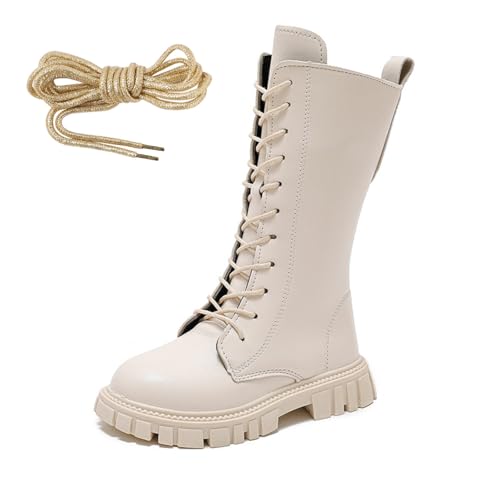 AIMAOMI Girls Combat Boots Lace Up Chunky Mid Calf Boot Beige, 11.5 Little Child - image 7