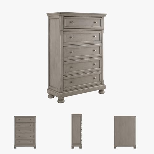 Image of Signature Design by Ashley Lettner Chest of Drawers, Tall Dresser, 5 Drawer Clothing Storage for Master Bedrooms, Veneers, Wood and Engineered Wood, Light Gray, 40 inchW x 18 inchD x 58 inchH