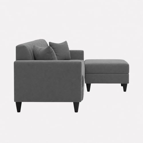 Image of FURNY Avvono 5 Seater L Shape Sofa Set with Movable Ottoman | Flexible Left or Right Layout | Plush Velvet Fabric (Dark Grey) | Perfect for Living Room, Guest Room & Office
