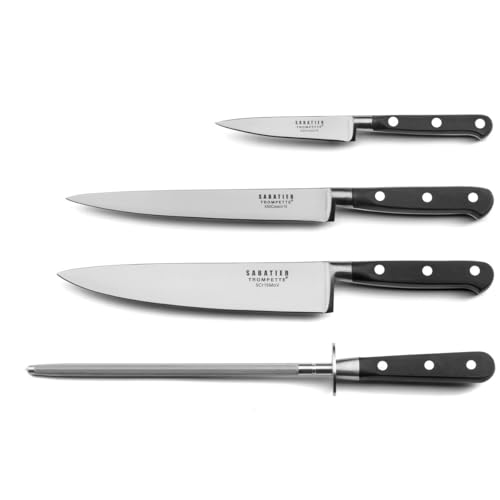 SABATIER TROMPETTE - Ensemble 3 couteaux de cuisine et 1 fusil à aiguiser - Origin - Acier 5Cr15MoV - Finition Satinée - Noir