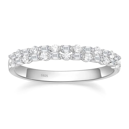EAMTI 925 Sterling Silver Wedding Bands for Women Baguette Round Cubic Zirconia Two-Row Eternity Band Stackable Engagement Rings Size 4-10