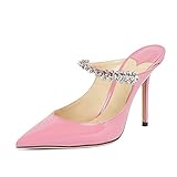 MIRAAZZURRA Women Heeled Mules Rhinestone Strappy Pointed Toe Mules Stiletto High Heels Slip On Bridal Sandals for Women Candy Pink Size 10